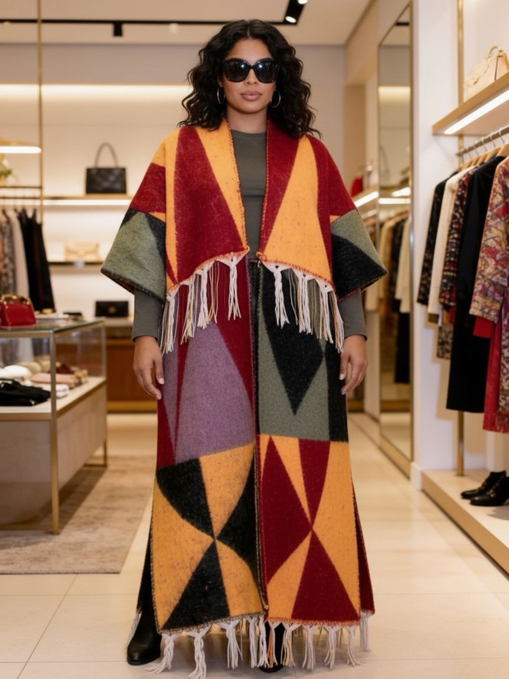 Fringed Geometric Long Open Cardigan - Multicolor